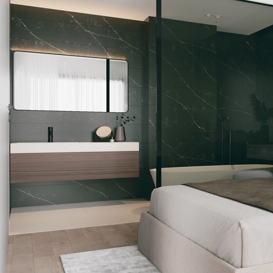 photo of a bedroom with Quartzforms Forest Magnolia quartz on the walls