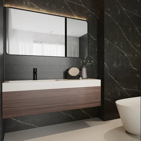 a modern bathroom with Quartzforms Forest Magnolia wall cladding and a white vanity top