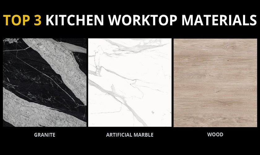 a blog article thumbnail 'The Top 3 kitchen worktop materials: granite, artificial marble, and wood' with a black bakground