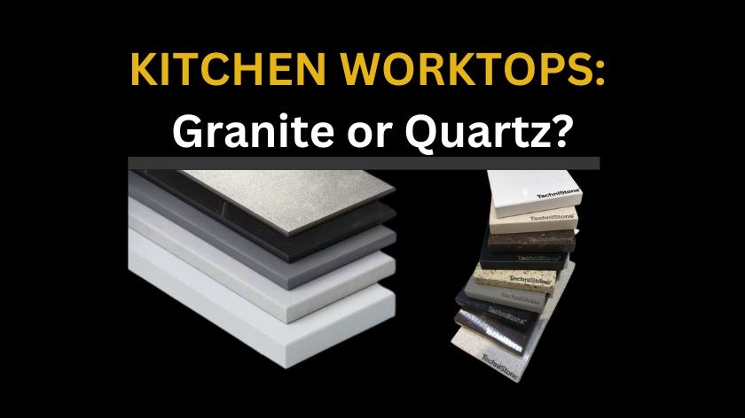 a black thumbnail displaying stone samples and a blog title'Kitchen Worktops: Granite or Quartz?'