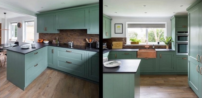 Black worktops with green kitchen cabinets