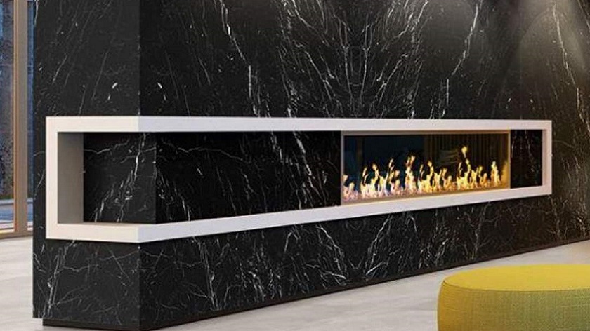 Techlam Nero Marquina Fireplace surround feature wall