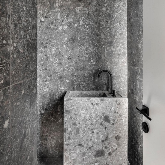 Neolith Terrazzo Ceppo bathroom worktop cladding