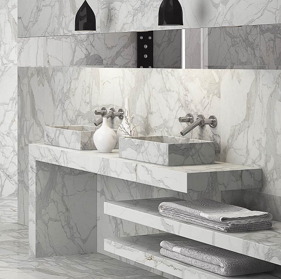 White Calacatta marble bathroom worktop