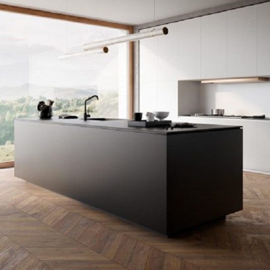 A kitchen island wrapped around with Absolute Black Granite