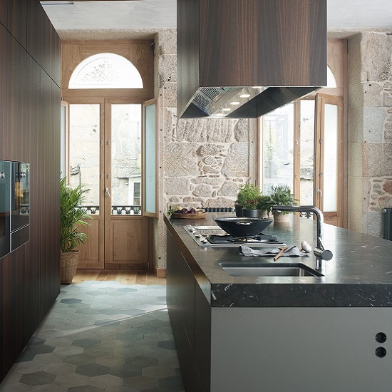 Amarula quartzite kitchen island downstand