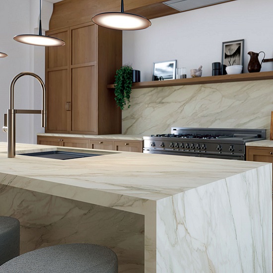 Worktops and kitchen island wrapped around Caesarstone Mirabel in a contemporary kitchen