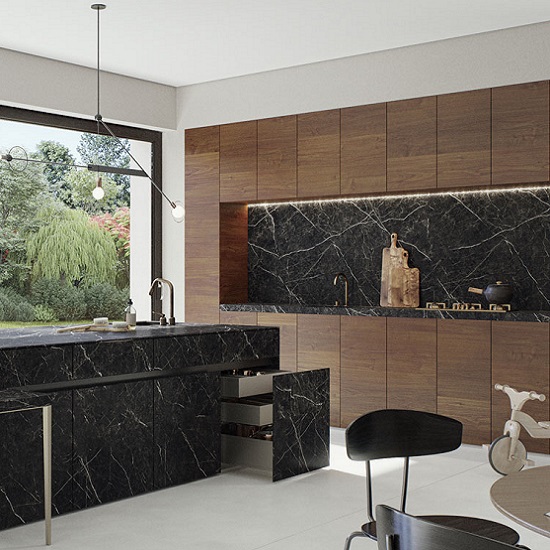 Caesarstone Smokestone kitchen countertops and matching splashbacks in a modern kitchen with wooden cabinets
