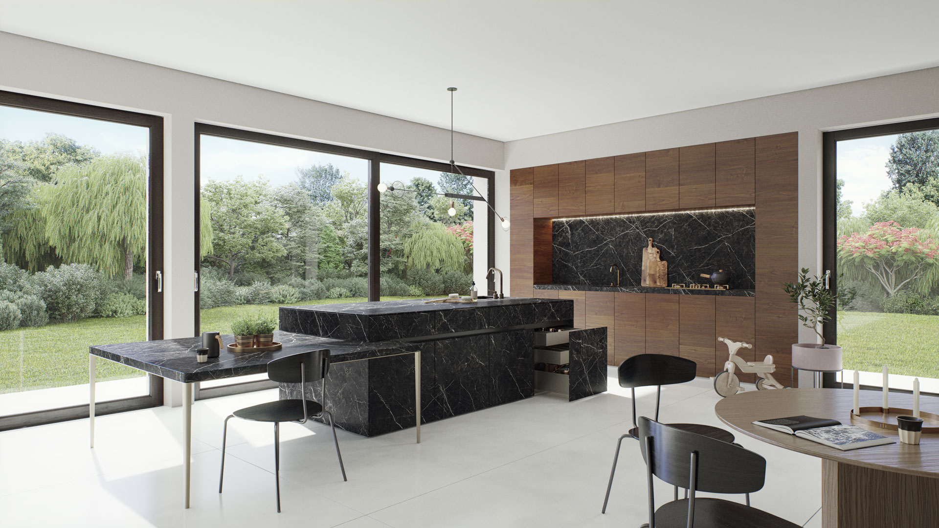 Modern kitchen with a Caesarstone Smokestone kitchen island, tabletop, and splashbacks