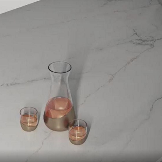 Caesarstone Snowdrift kitchen worktops, a jar and two glasses