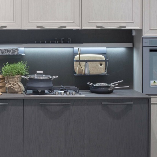 a kitchen worktop in Quartzforms Lavic Black quartz with appliances on it