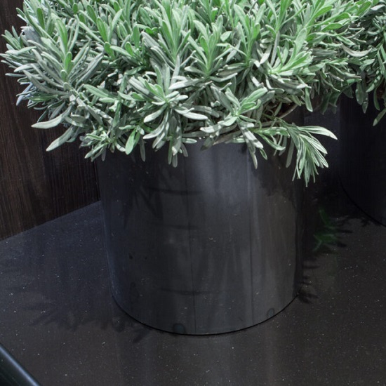 a worktop made from Quartzforms QF Black quartz with a flower pot on it