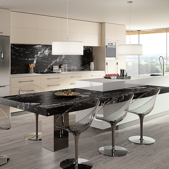 A modern kitchen with an island made from Black Beauty Granite