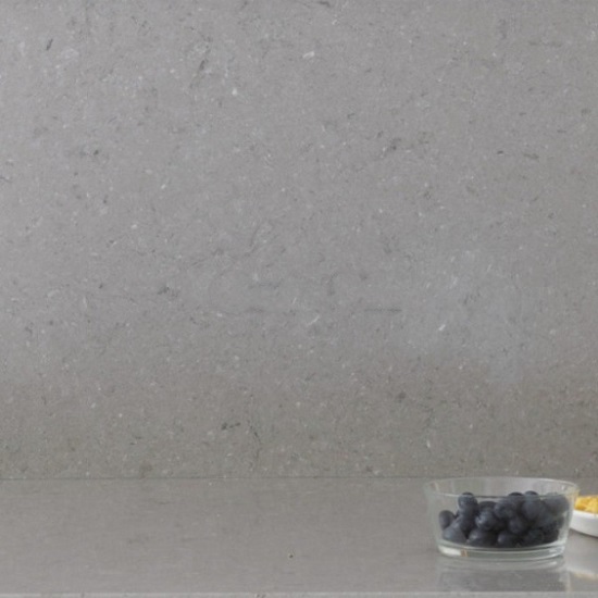a photo of a wall covered in CRL Quartz Grey Mist and a bowl of bluberries