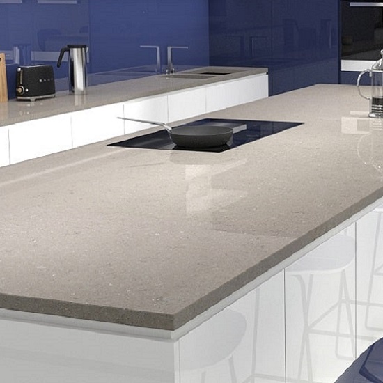 a photo of a kitchen island made from CRL Quartz Grey Mist 20mm thickness