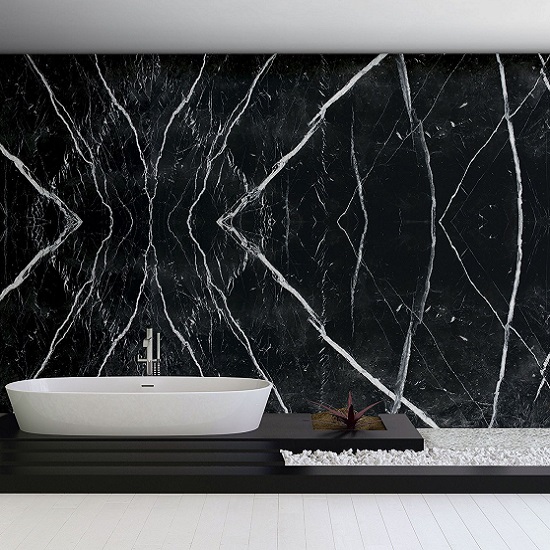 a bathroom with a Nero Marquina marble wall