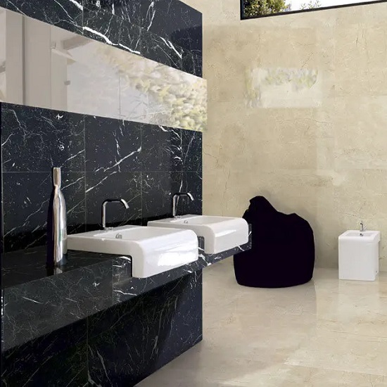 a luxury bathroom with Nero Marquina marble worktops and wall