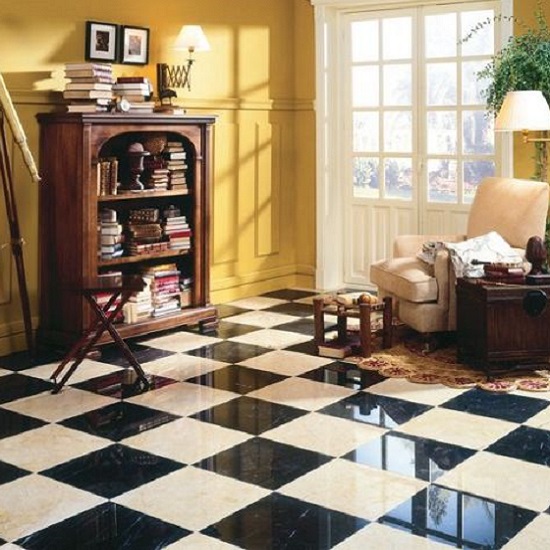 a black and white floor with Nero Marquina marble