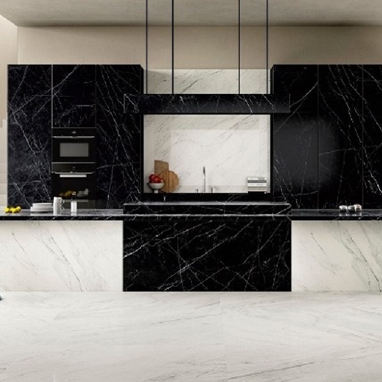 a photo of a reception area with Nero Marquina marble worktops