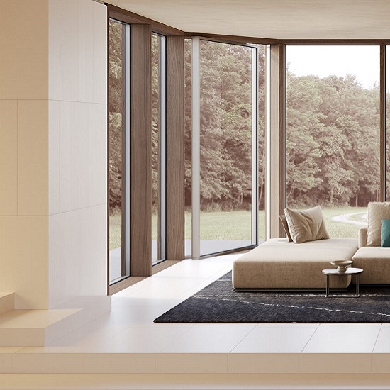 a living room with Quartzforms Cloudy Beige quartz wall cladding
