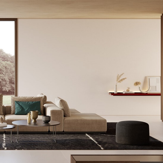 a living room with a Quartzforms Cloudy Beige quartz wall