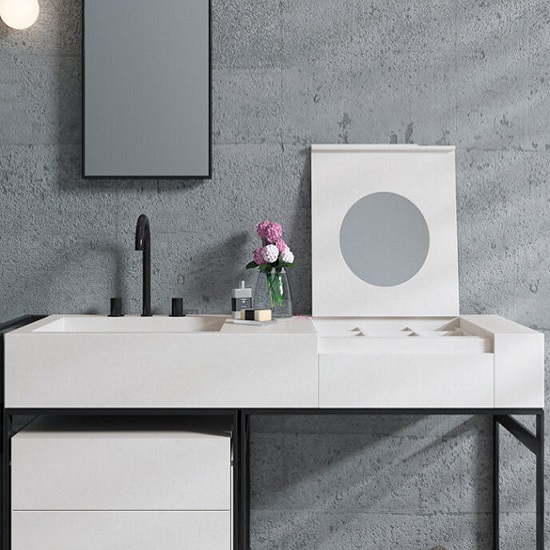 a photo of a vanity top in Quartzforms Fossil Nacre quartz and a grey wall behind with a mirror