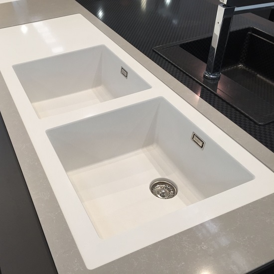 A Quartzforms Imperial Dolphin Grey worktop with two white undermounted sinks