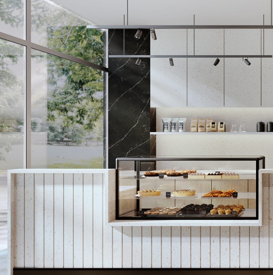 a bakery counter covered in Quartzforms Imperial Meringa quartz