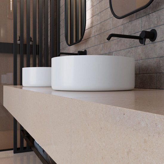 a bathroom worktop in Quartzforms Planet Saturn with a mitred front edge and two white basins