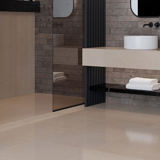 a modern bathroom with Quartzforms Planet Saturn quartz on the worktops, walls, and floors