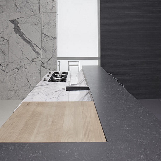 a photo of a Quartzforms Veined Africa matte finish worktop in a minimalistic kitchen