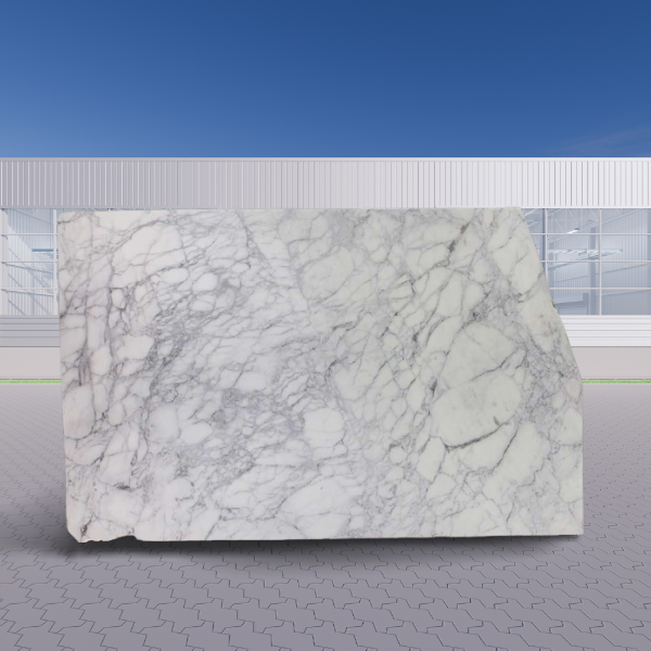 Arabescato marble slab outside a warehouse