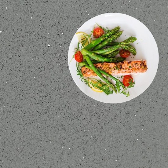 an image of a CRL Quartz Grey Shimmer worktop with a food plate on it