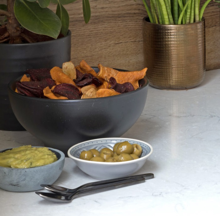a polished CRL Quartz Vicenza worktop and food items