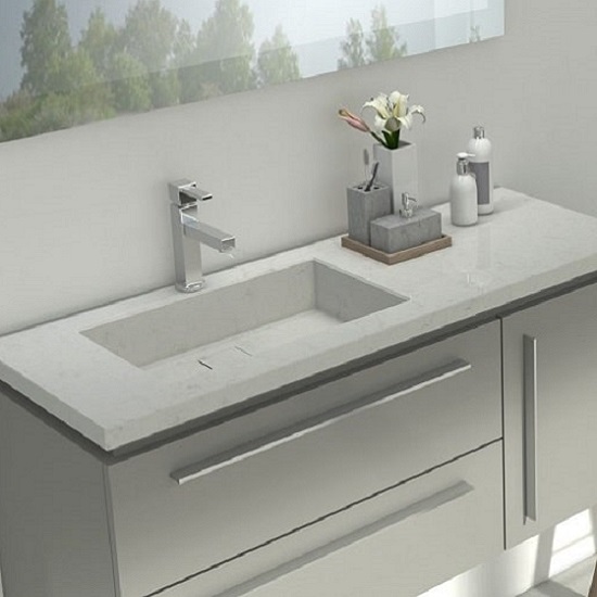 a white bathroom with a CRL Quartz Carrara vanity top