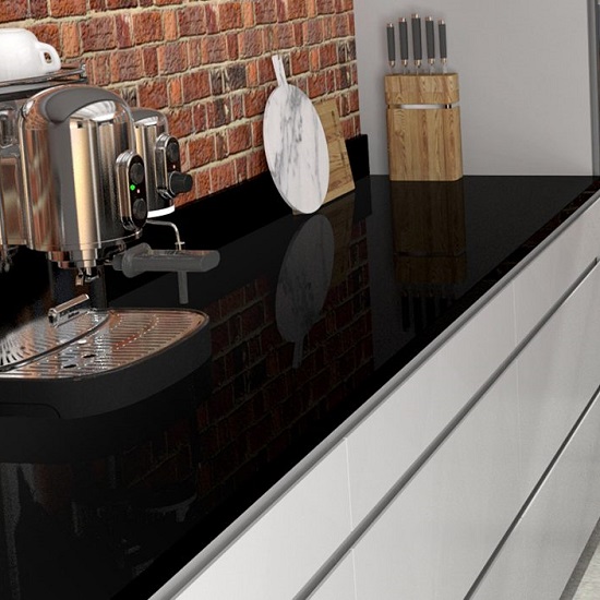 a CRL Quartz Midnight kitchen worktop and white cabinets