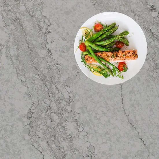an image of a CRL Quartz Pacific Grey countertop with a food plate on it
