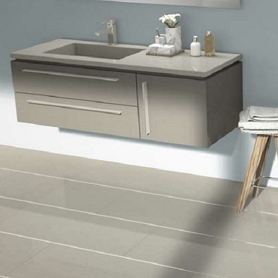a vanity top in CRL Quartz Soft Concrete in a minimalistic grey bathroom