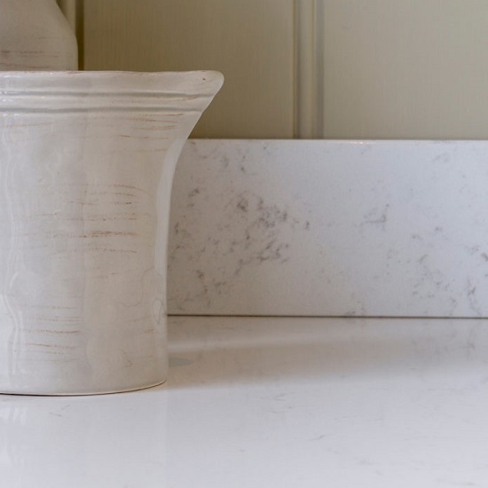 a kitchen worktop and upstand in CRL Quartz White Carrara