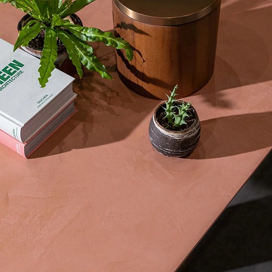 an outdoor Dekton Umber worktop, books, plant pots, and plants in the sunshine