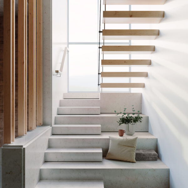 a photo of a modern home with Quartzforms Forest Sughero quartz stairs