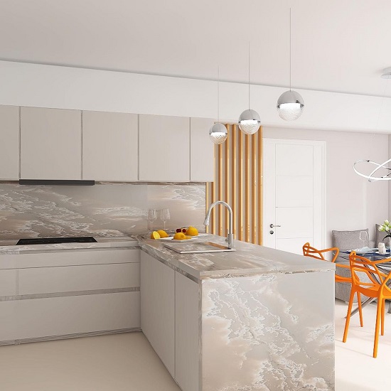 a white kitchen with Compac Ice White quartz worktops