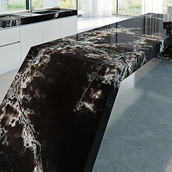 a kitchen island wrapped around with Compac Ice Black quartz