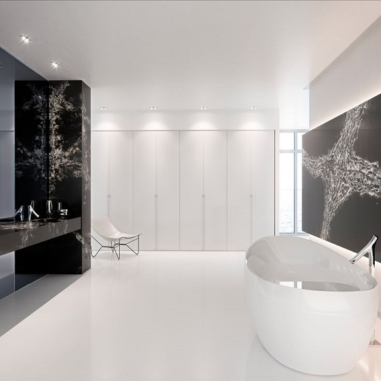 a white bathroom with Compac Ice Black quartz on the walls
