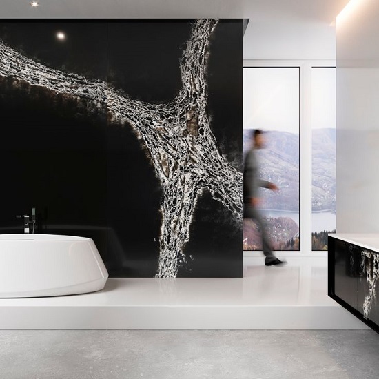 a luxurious bathroom with Compac Ice Black cladding