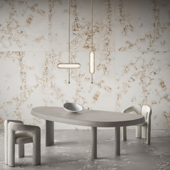 Compac Ice Gold quartz on a wall in a living room