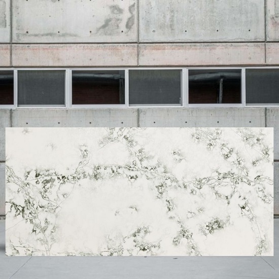 an image of a Compac Ice Green quartz slab and a cement wall behind