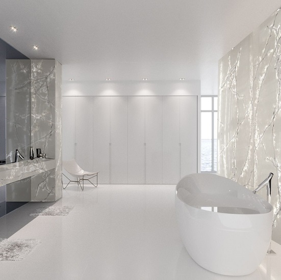 photo of a white bathroom with Compac Ice White quartz walls and vanity top