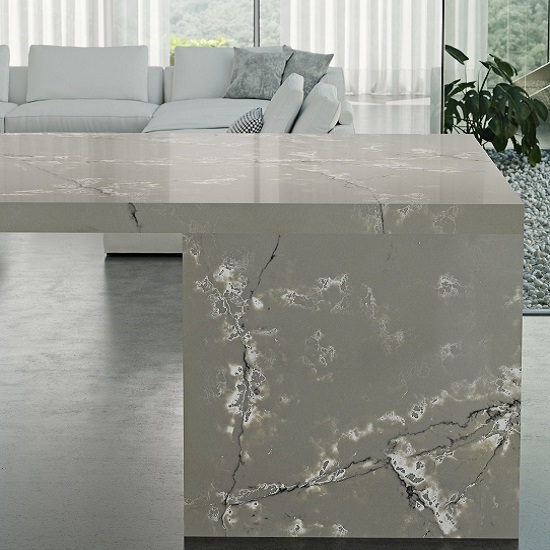 an elegant living room with Compac Ice White quartz worktops