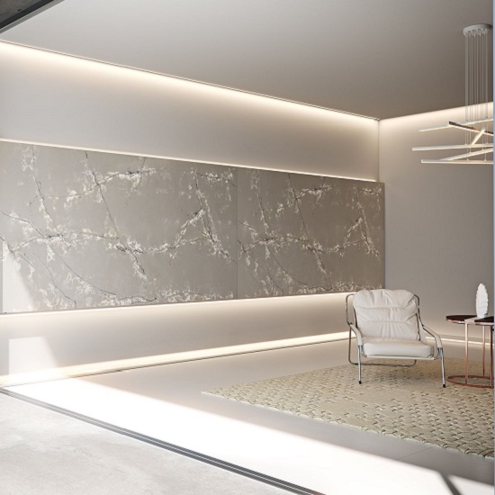 a living room with Compac Ice White quartz on the walls